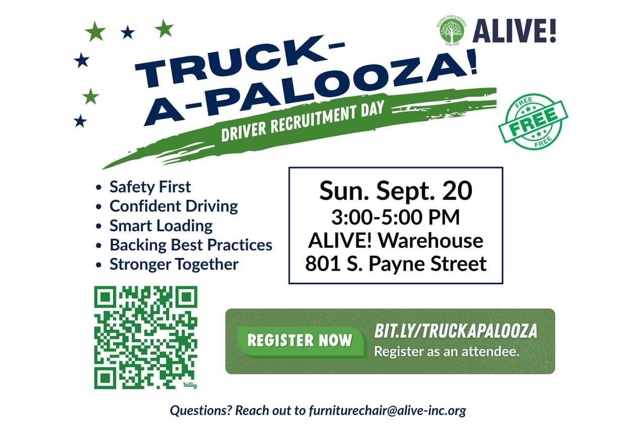 Flyer promoting Truck-A-Palooza: driver recruitment day with date, time, and location (Sun. Sept. 20, 3:00–5:00 PM, ALIVE! Warehouse, 801 S. Payne Street).