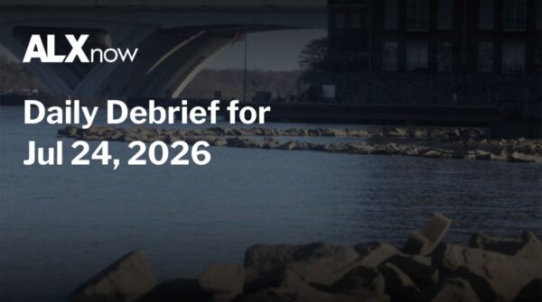 ALXnow hero banner with the headline 'Daily Debrief for Jul 24, 2026' over a riverside scene with rocks and a bridge in the background.