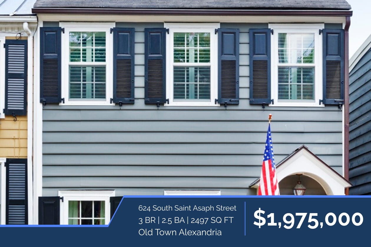 Front of a blue-gray townhouse with black shutters and an American flag; real estate banner shows 624 South Saint Asaph Street and price $1,975,000.