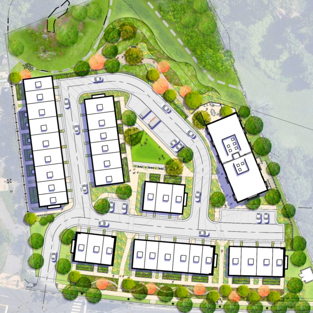 Site plan showing multiple rectangular buildings around a curved road network with green spaces and trees, top right hillside area.