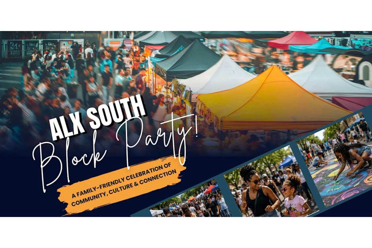 ALX South Block Party banner showing a crowded street festival with colorful tents and a diagonal photo strip; includes the tagline "A family-friendly celebration of community, culture & connection."