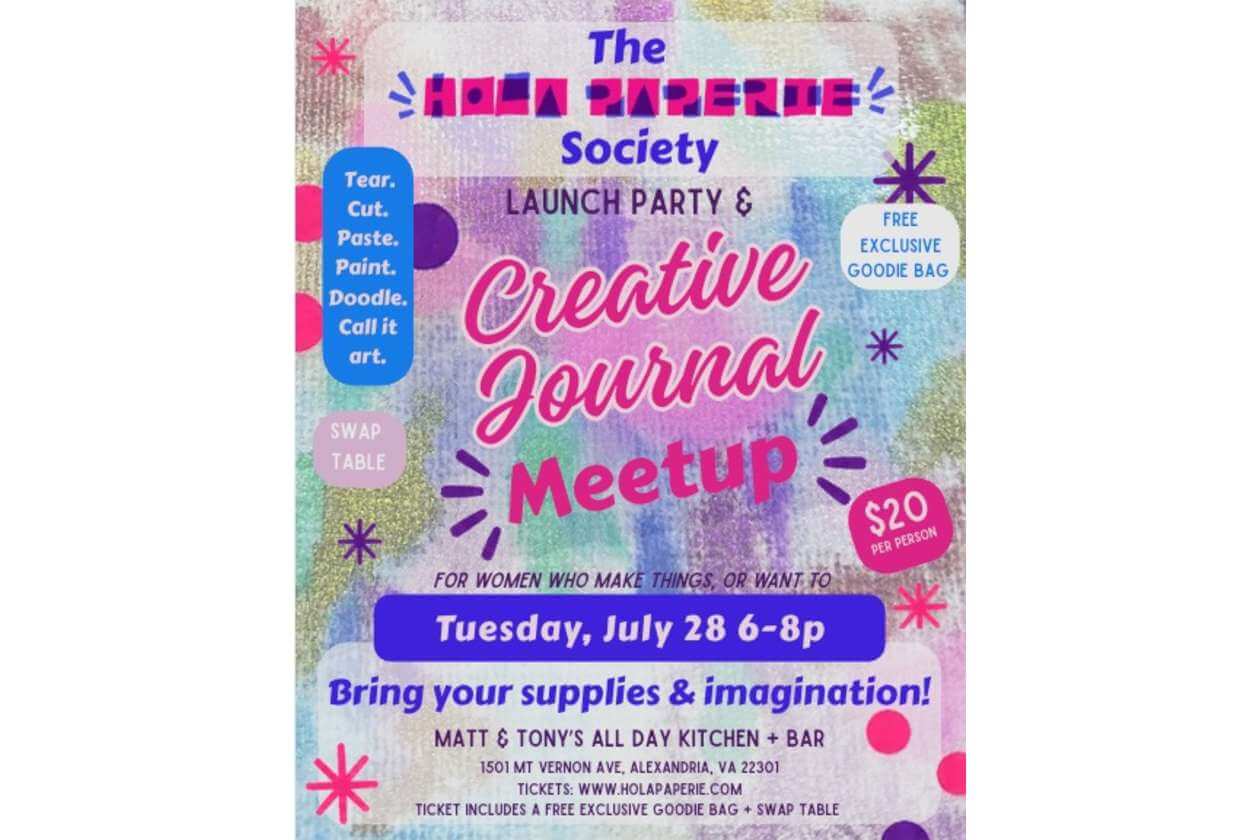 Bright, pastel poster advertising The Hola Paperie Society Creative Journal Meetup—date, time, venue, price, and reminder to bring supplies.