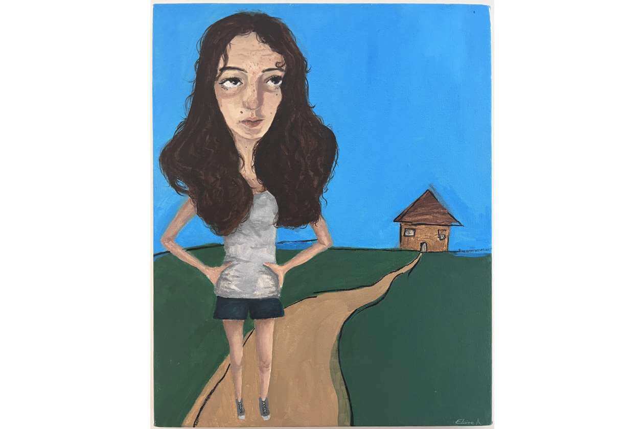 Caricature-style painting of a woman with long dark hair standing on a curved dirt path toward a small brown house on a green hill under a blue sky.