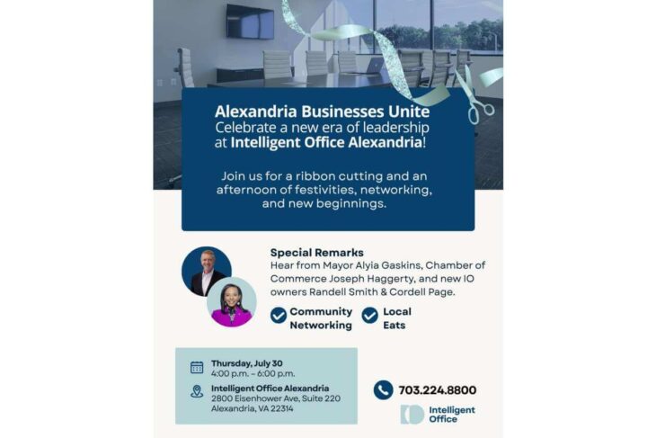 Flyer advertising Alexandria Businesses Unite event at Intelligent Office Alexandria with ribbon-cutting, networking, and speakers.