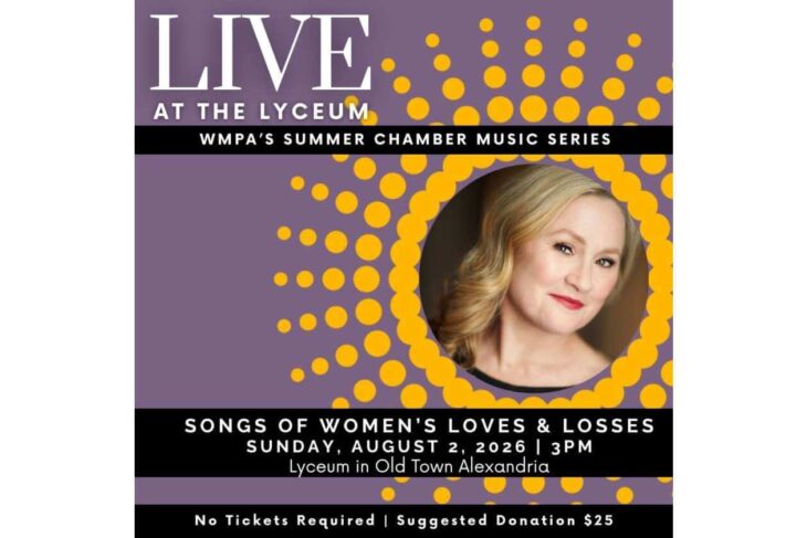 Event poster for 'Live at the Lyceum' promoting a summer chamber music concert, featuring a headshot in a circular frame on a purple background with a yellow dotted sunburst pattern.