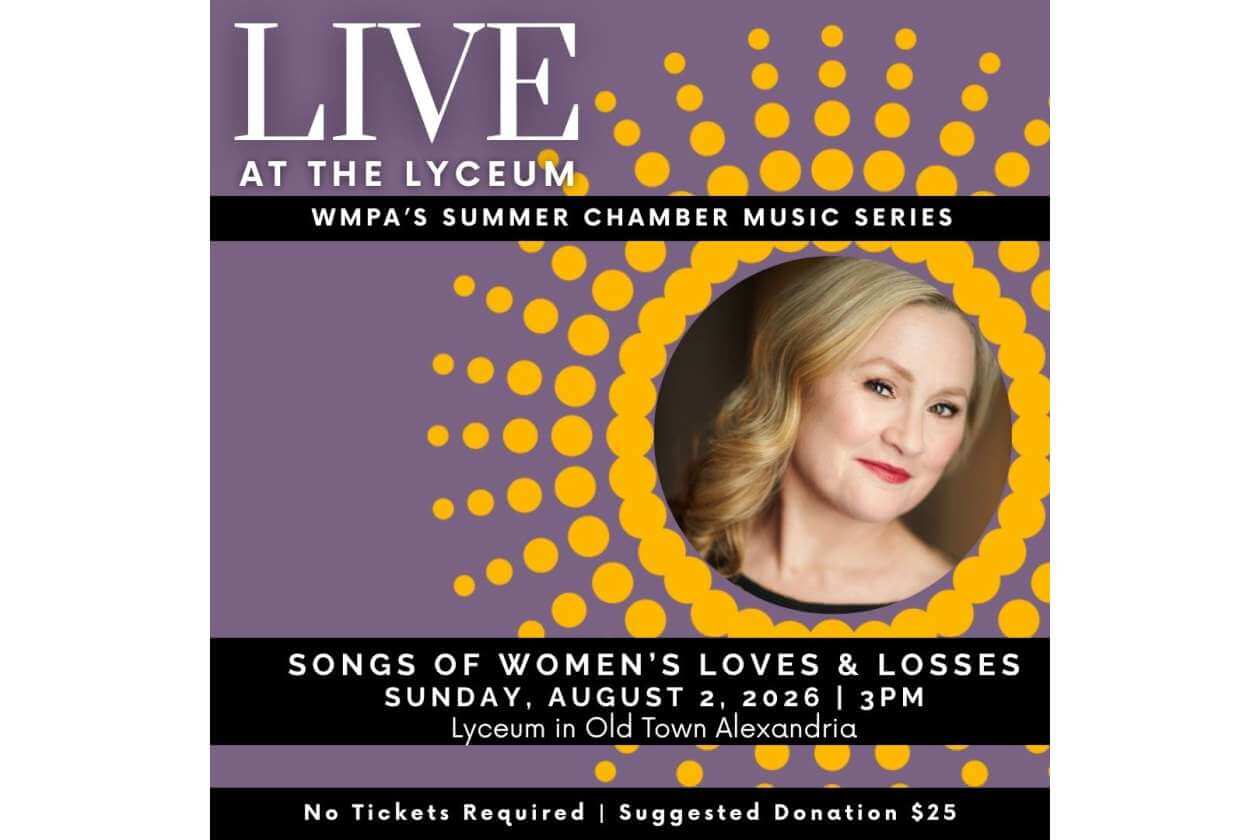 Event poster for 'Live at the Lyceum' promoting a summer chamber music concert, featuring a headshot in a circular frame on a purple background with a yellow dotted sunburst pattern.