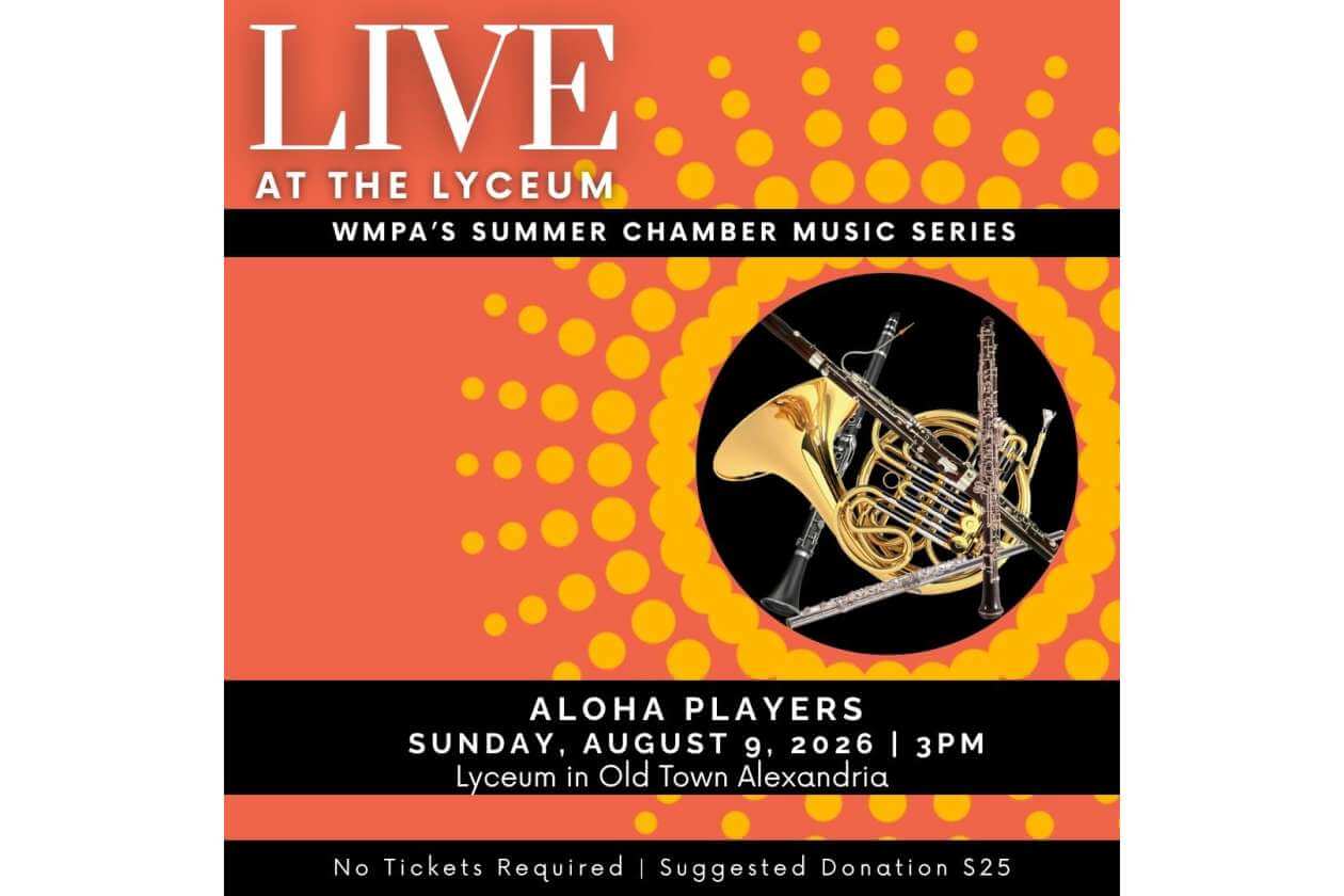 Poster for 'LIVE AT THE LYCEUM'—Aloha Players concert as part of WMPA's Summer Chamber Music Series; orange background with a circular inset of brass and woodwind instruments; includes event date/time and venue details.