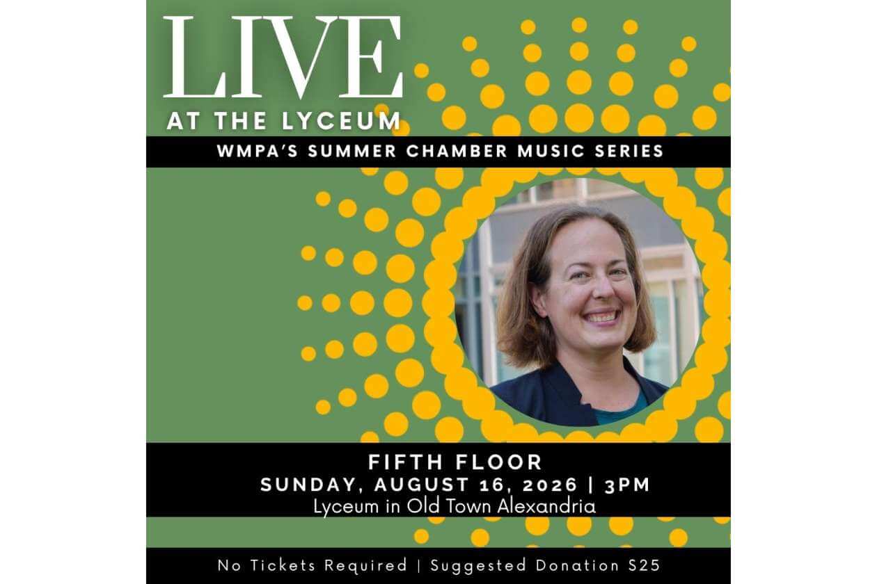 Promotional poster for Live at the Lyceum—WMPA’s Summer Chamber Music Series, featuring a smiling woman in a decorative circular design.