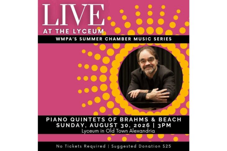 Concert poster: pink background with circular photo of a smiling man, headline 'LIVE AT THE LYCEUM' and event details below (Brahms & Beach piano quintets)