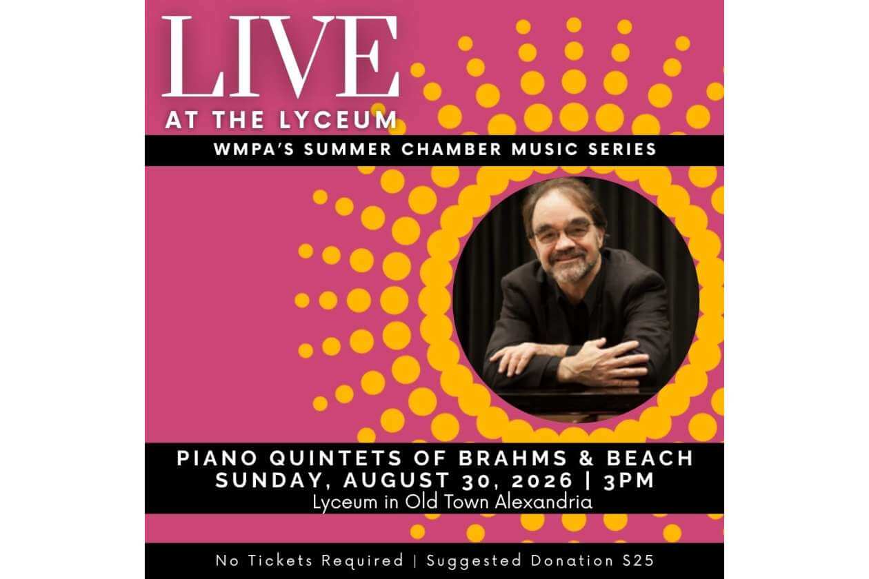 Concert poster: pink background with circular photo of a smiling man, headline 'LIVE AT THE LYCEUM' and event details below (Brahms & Beach piano quintets)