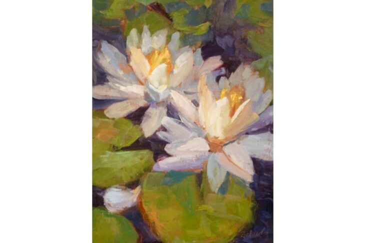 Impressionist painting of white water lilies blooming on green lily pads with a colorful background