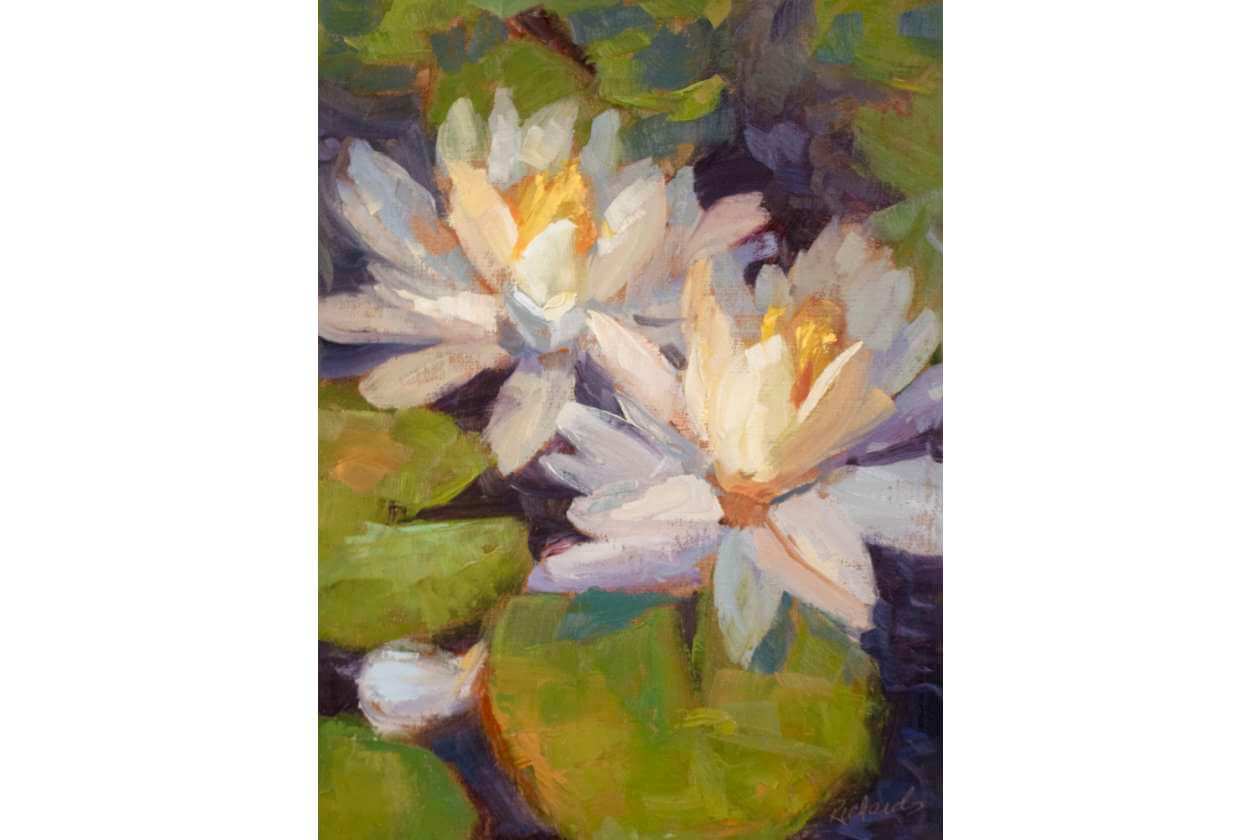 Impressionist painting of white water lilies blooming on green lily pads with a colorful background