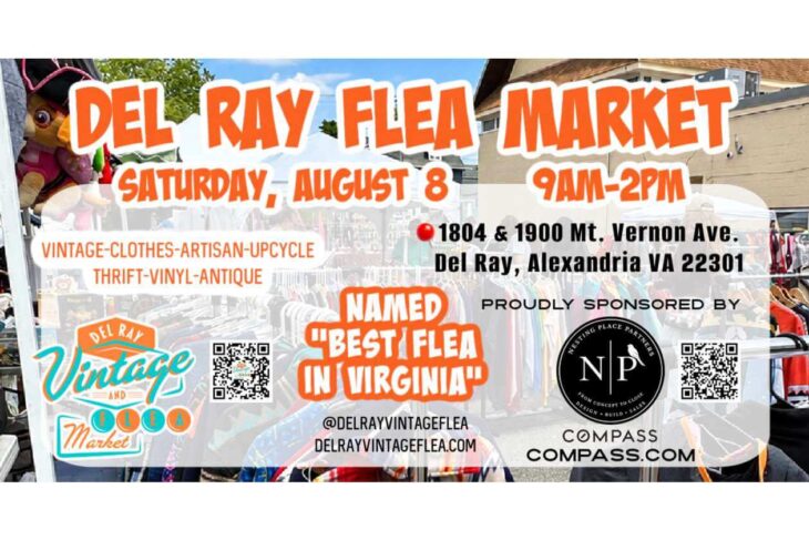 Promotional flyer for Del Ray Vintage Flea Market: Saturday, August 8, 9am–2pm, 1804 & 1900 Mt. Vernon Ave, Alexandria VA; vintage clothing and upcycled goods; sponsor logos.