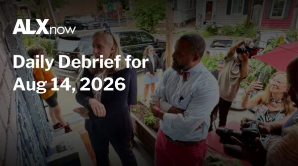 ALX now logo with the headline 'Daily Debrief for Aug 14, 2026' over a group of people outside a building at an event.