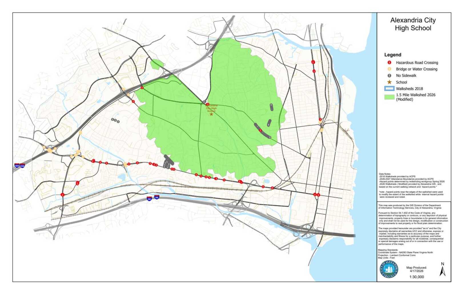 Map of Alexandria City High School area showing a green 1.5 mile walkshed, surrounding roads, and water on the right with a legend box detailing crossings and walkways (2026).