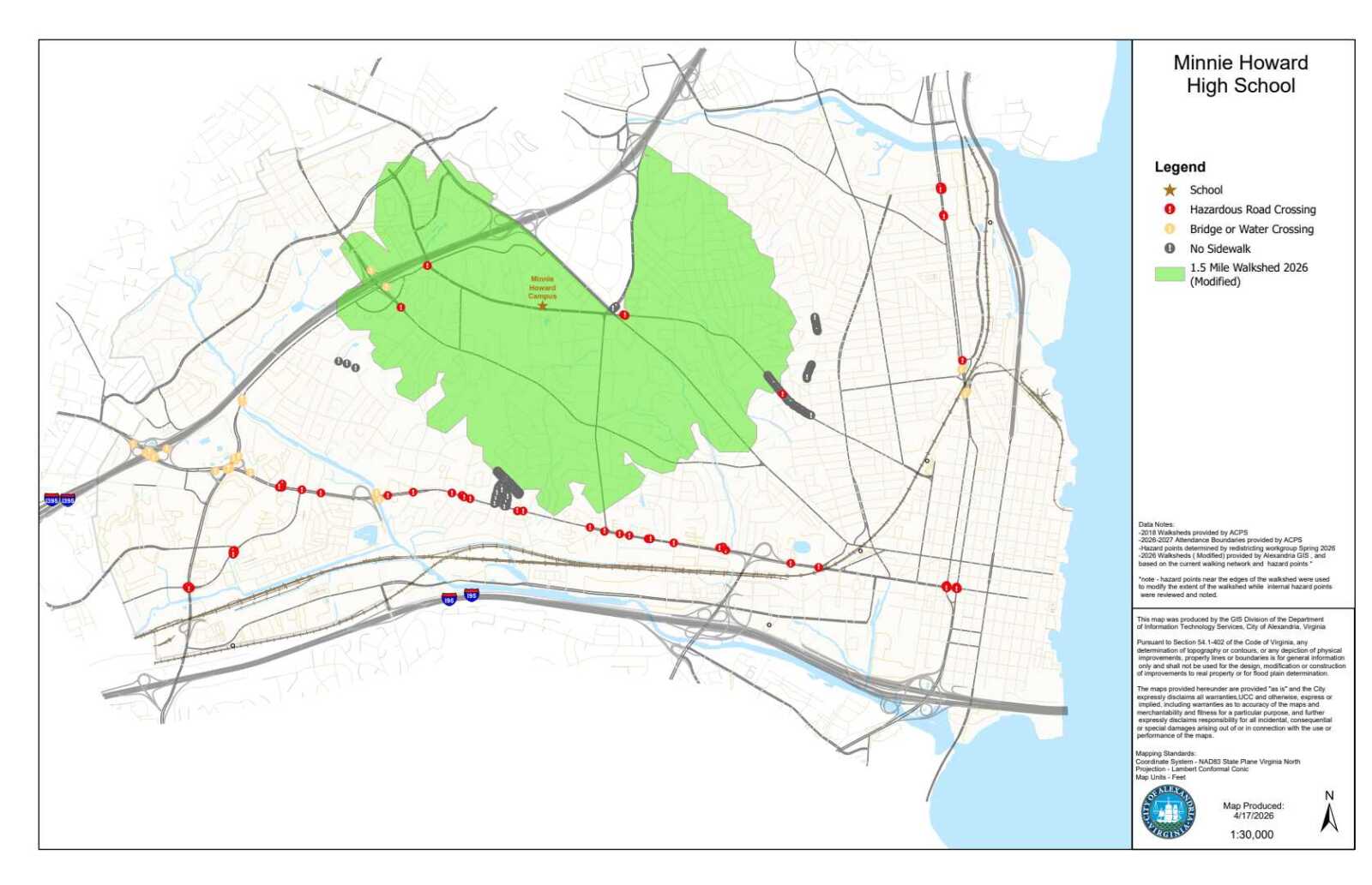 Map of Minnie Howard High School campus with a green shaded 1.5-mile walkshed and surrounding roads and waterways (informational map)