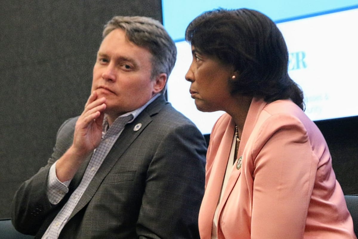 Two professionals seated in a panel discussion: a man in a gray suit on the left and a woman in a pink blazer on the right.
