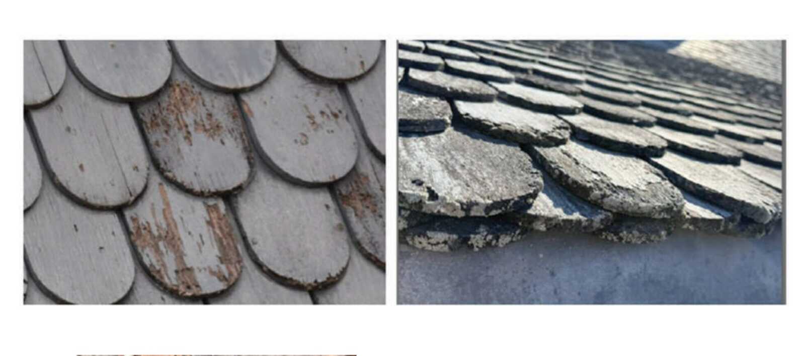 Side-by-side comparison of roof tiles: left shows weathered, rust-stained circular tiles; right shows cracked, newer-looking concrete tiles along a roof edge.
