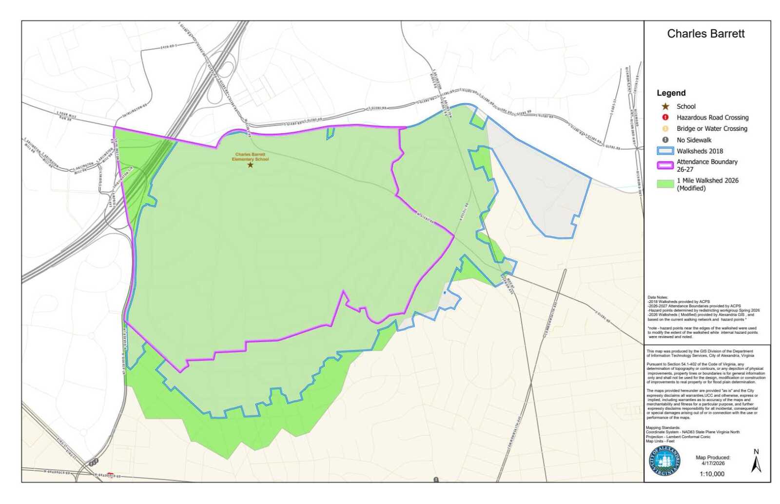 Map of Charles Barrett Elementary School area showing 1-mile walkshed in green, attendance boundary in magenta, and 2018 walksheds in blue, with surrounding roads and legend.