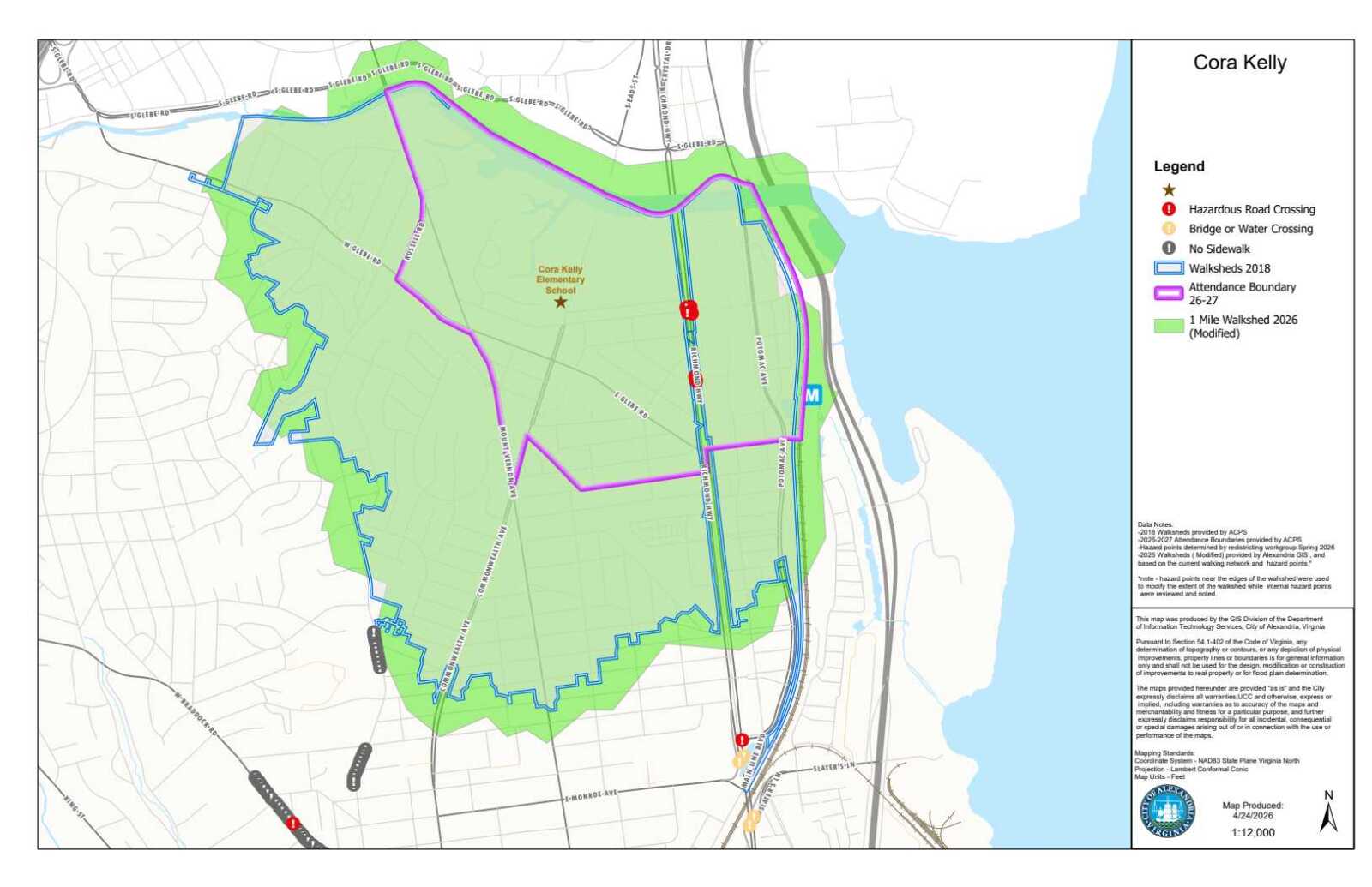 Map of the Cora Kelly area showing a green 1-mile walkshed around Cora Kelly Elementary School, with a purple attendance boundary and blue walking routes nearby the river and roads.