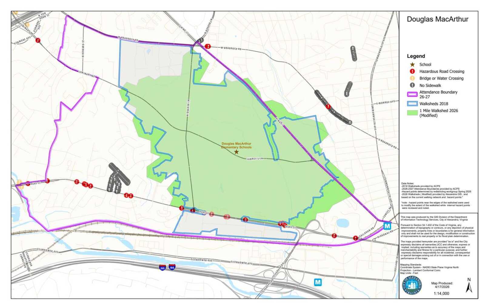 Map titled Douglas MacArthur showing attendance boundary in purple, 1‑mile walk sheds in blue, surrounding green park area, red hazard crossings, and transit icons near the school.