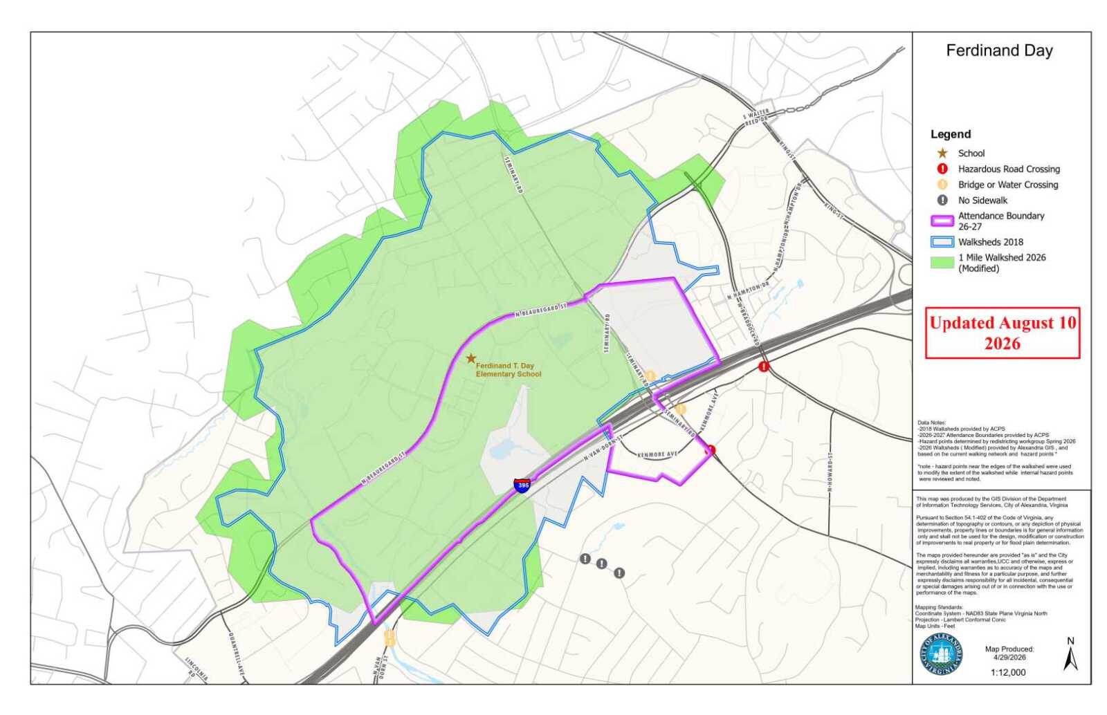 Map of the Ferdinand Day area showing walkable boundaries and routes around Ferdinand Day Elementary School, with a legend and an Updated August 10, 2026 stamp.