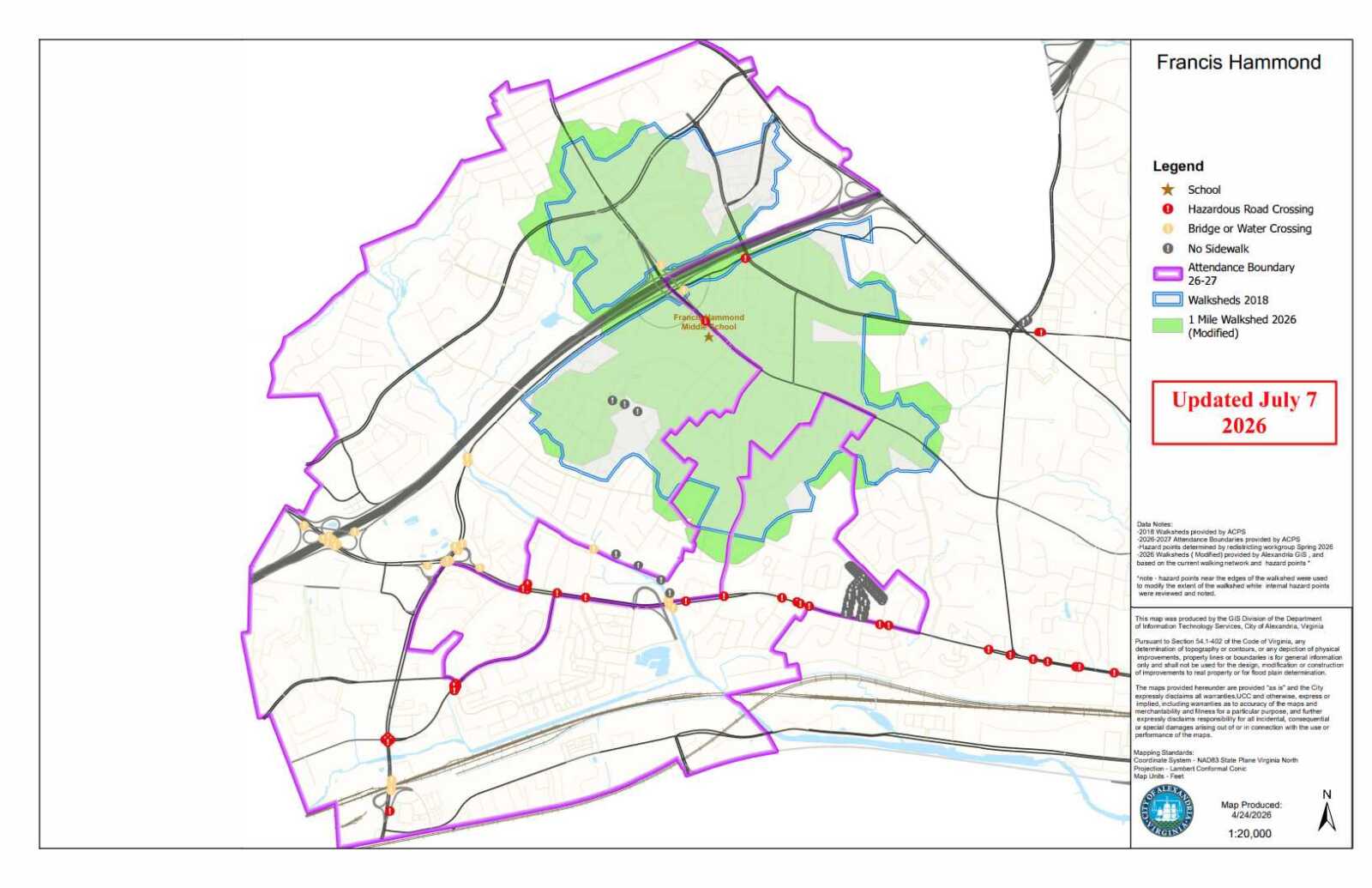 Map of Francis Hammond area with colored boundaries, green park areas, and walkway overlays; legend on the right and update stamp (July 7, 2026).