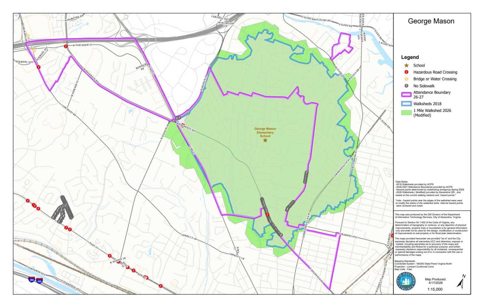 Map of George Mason area showing George Mason Elementary School with a star, purple walk boundary lines, blue 1‑mile walkshed line, green park area, and accompanying legend.