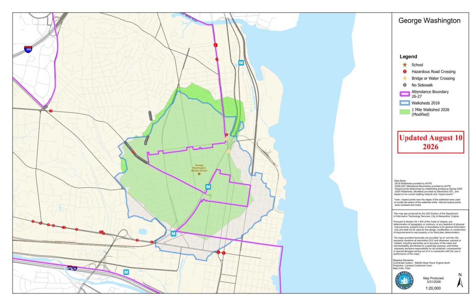 Map showing George Washington area with walking paths (purple boundary), green park area, and road network; legend and update stamp visible on right.