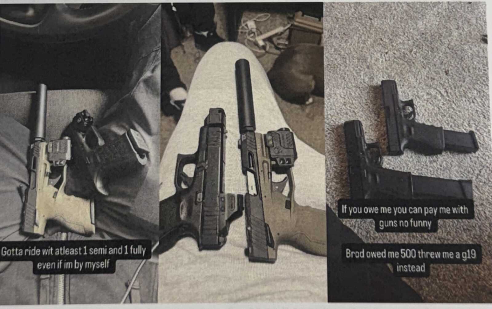 Collage of three images showing pistols and rifles with tactical accessories and captions about owing money and paying with guns.