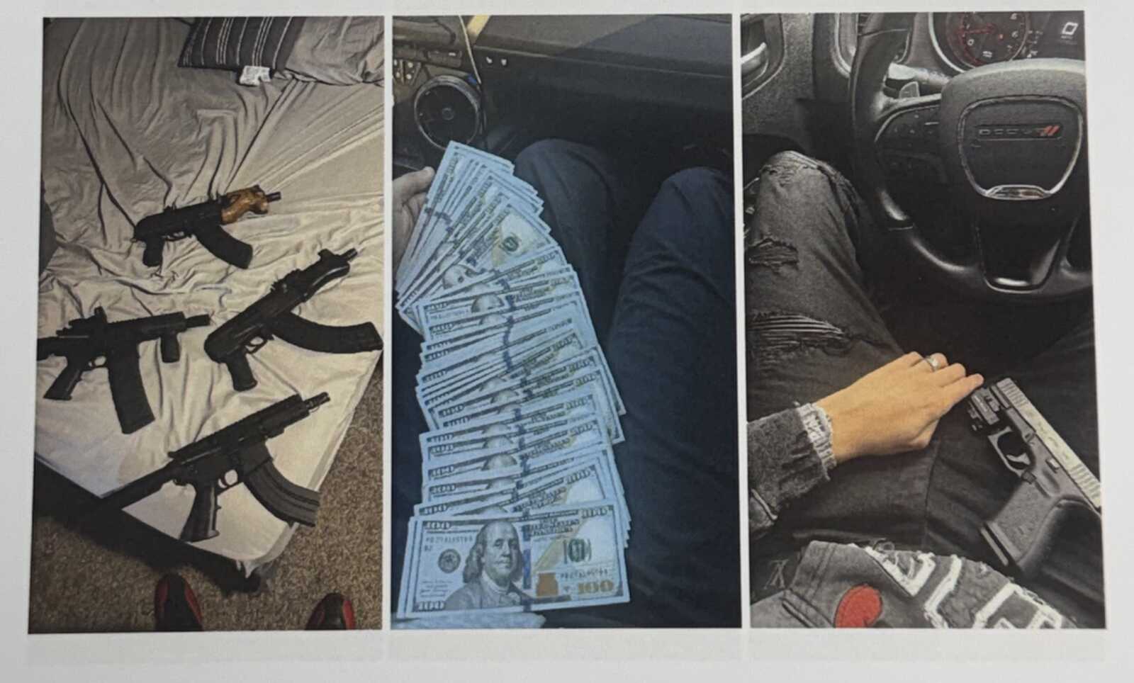 Assorted rifles and a pistol laid out on a bed in a three-panel collage