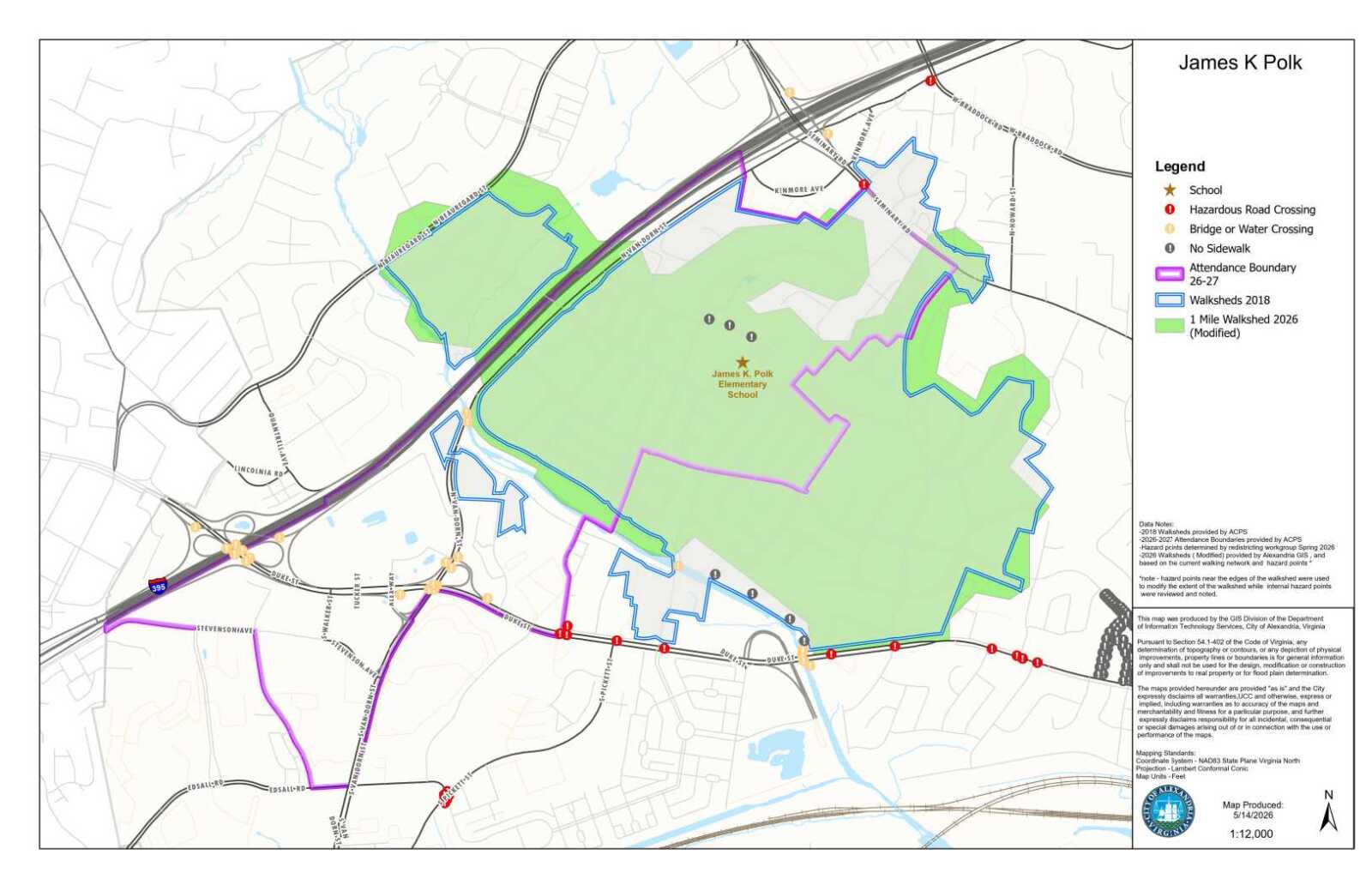 Map of James K. Polk Elementary School area showing walking routes, boundaries, and crossings with color-coded overlays and legend in the right panel.