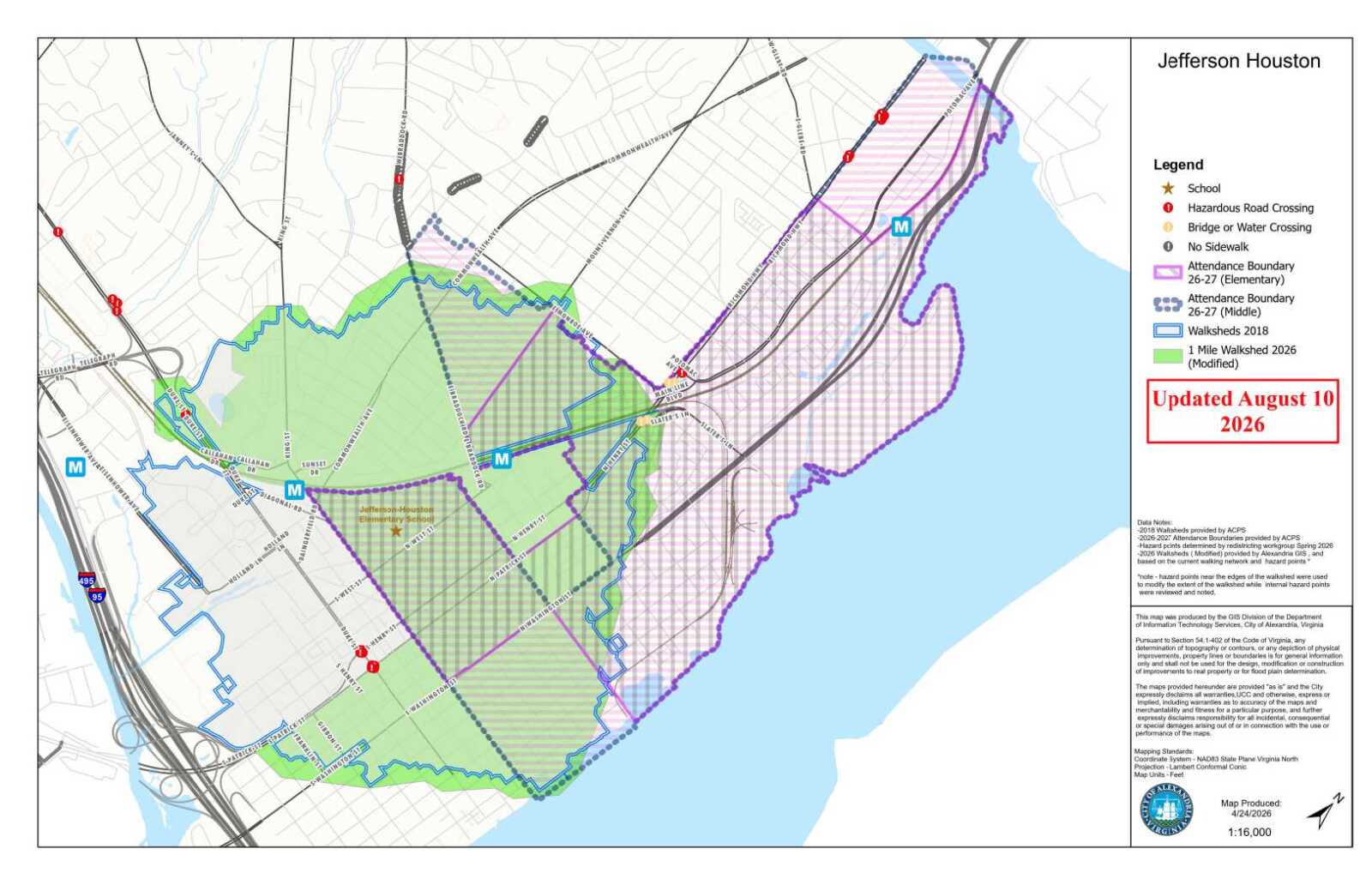 Map of the Jefferson-Houston area showing schools, crossings, walkways, and modified boundaries, updated August 10, 2026.