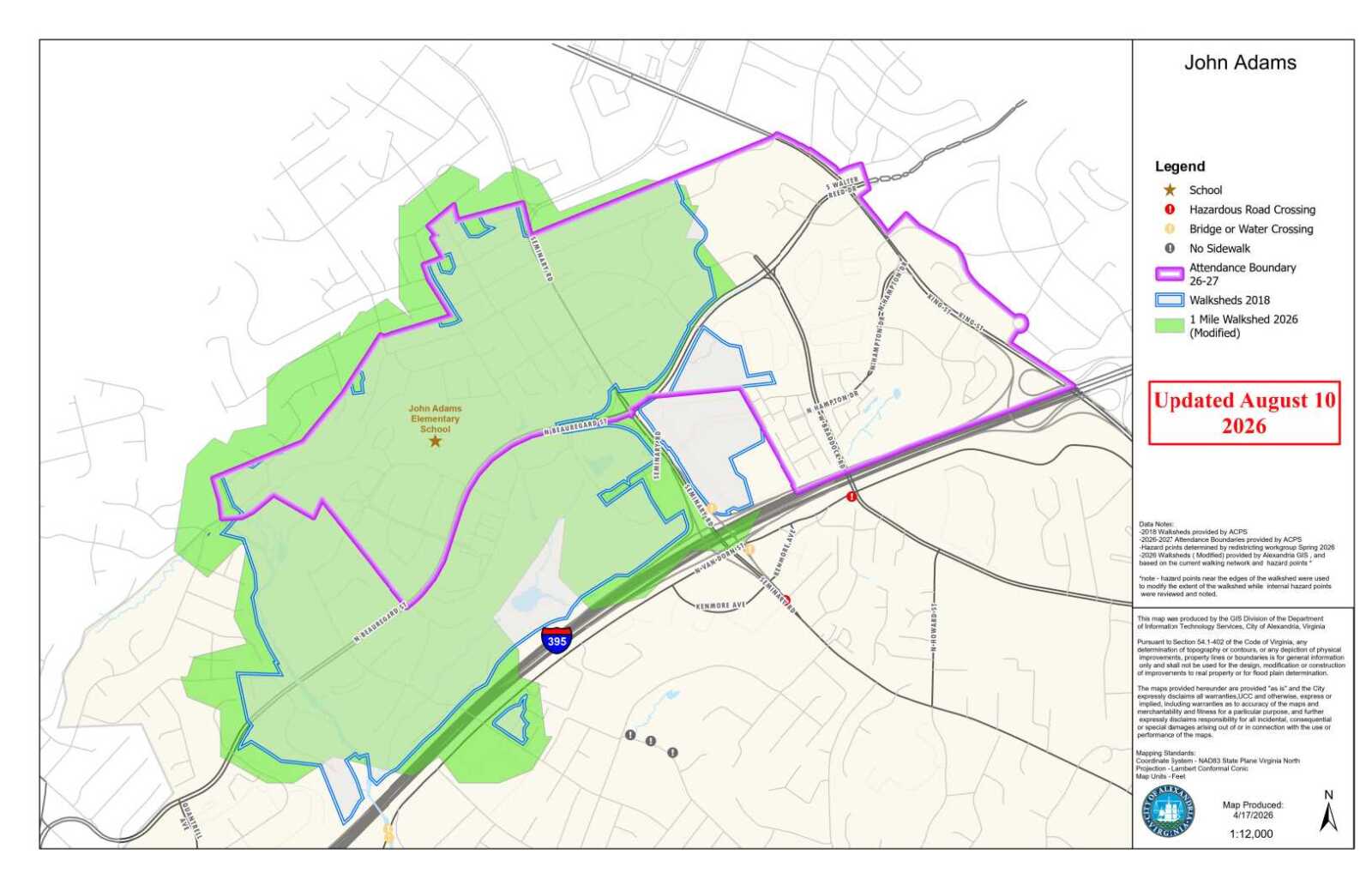 Map of the John Adams Elementary School area showing property boundary in purple, walking trails in blue, and green shaded open space; legend and an Updated August 10, 2026 stamp appear on the right.