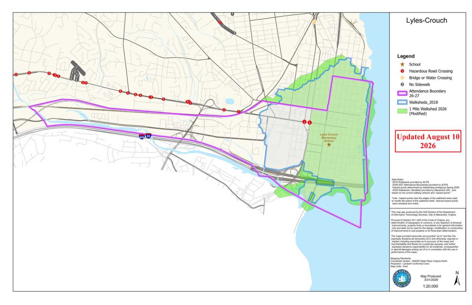 Map of Lyles-Crouch area showing walking paths (purple) and green park areas with legend on the right and an 'Updated August 10, 2026' stamp.4fa