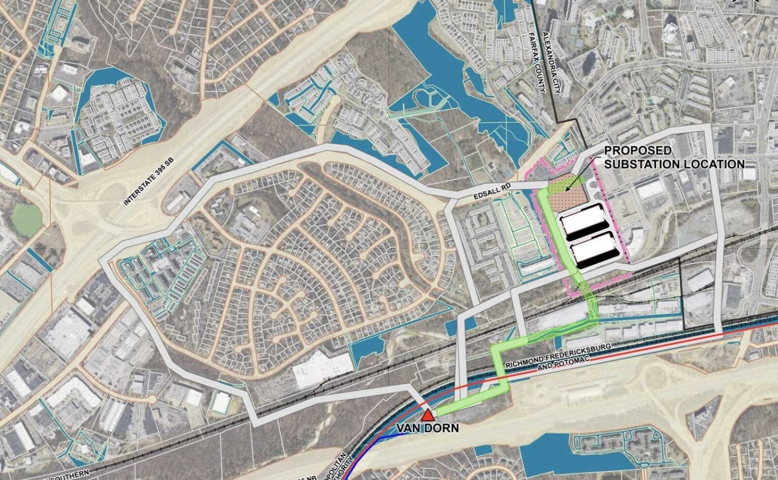 Map of area around proposed power substation for Edsall Road data center (via Dominion Energy) | ALXnow Map of a suburban area showing a proposed substation location near Edsall Rd and I-395 with surrounding roads and neighborhoods