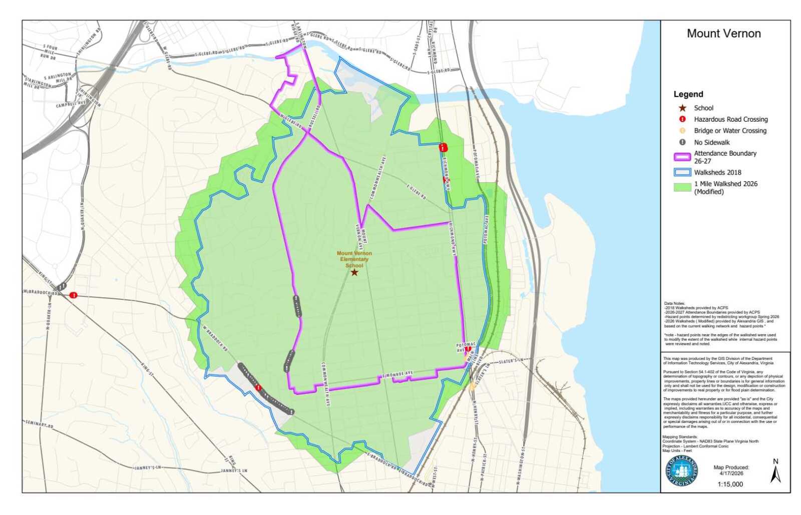 Map of Mount Vernon area showing school attendance boundary and walking paths, with Mount Vernon Elementary School marked in the center and a blue water boundary to the east