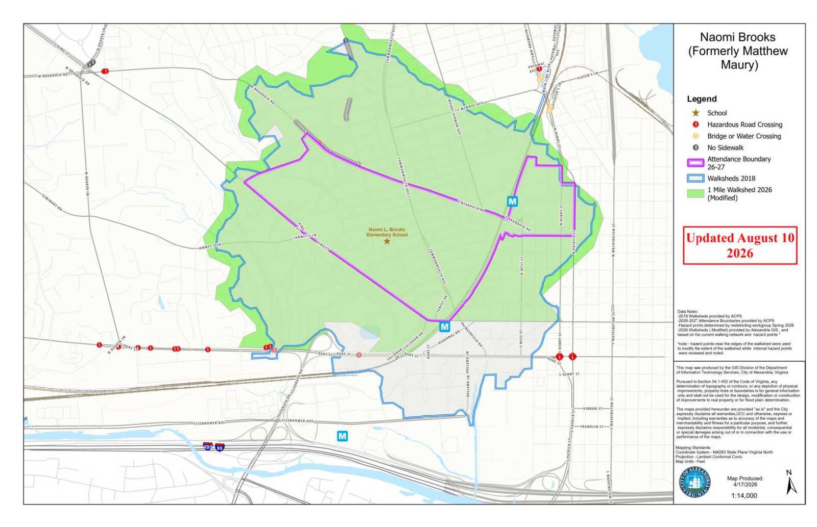 Map of Naomi Brooks Elementary area showing green park/walkshed area with purple boundary and blue walk paths, legend, and data stamp (Updated August 10, 2026).