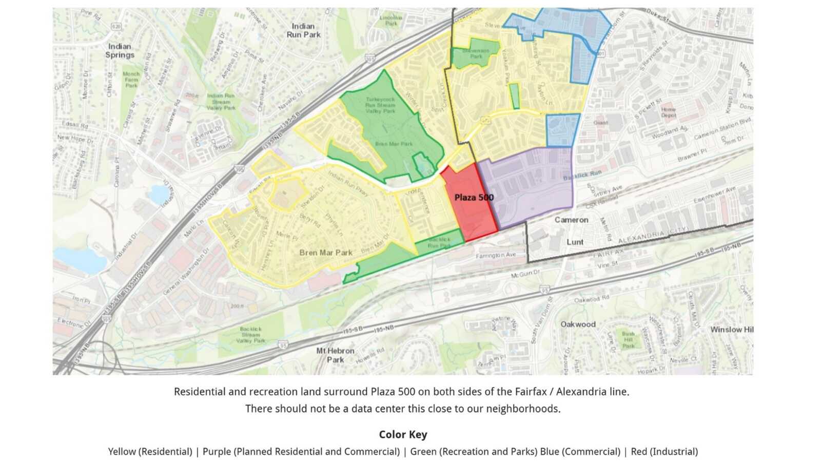 Neighborhood Impact - Save Bren Mar - Dixon.pptx (1) | ALXnow Map showing colored zoning areas around Plaza 500 along the Fairfax/Alexandria line, with legend for colors (Yellow residential, Purple planned residential/commercial, Green recreation/parks, Blue commercial, Red industrial). The Plaza 500 parcel is red and labeled. A note below explains concerns about data centers near neighborhoods.