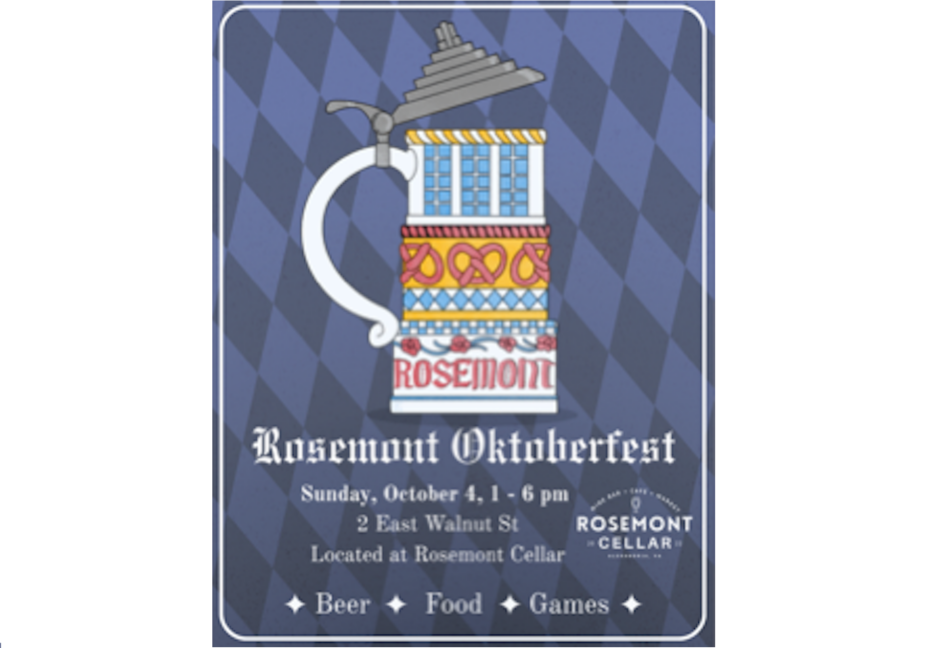 Rosemont Oktoberfest poster featuring a tall decorative beer stein on a blue diamond-pattern background with event details.