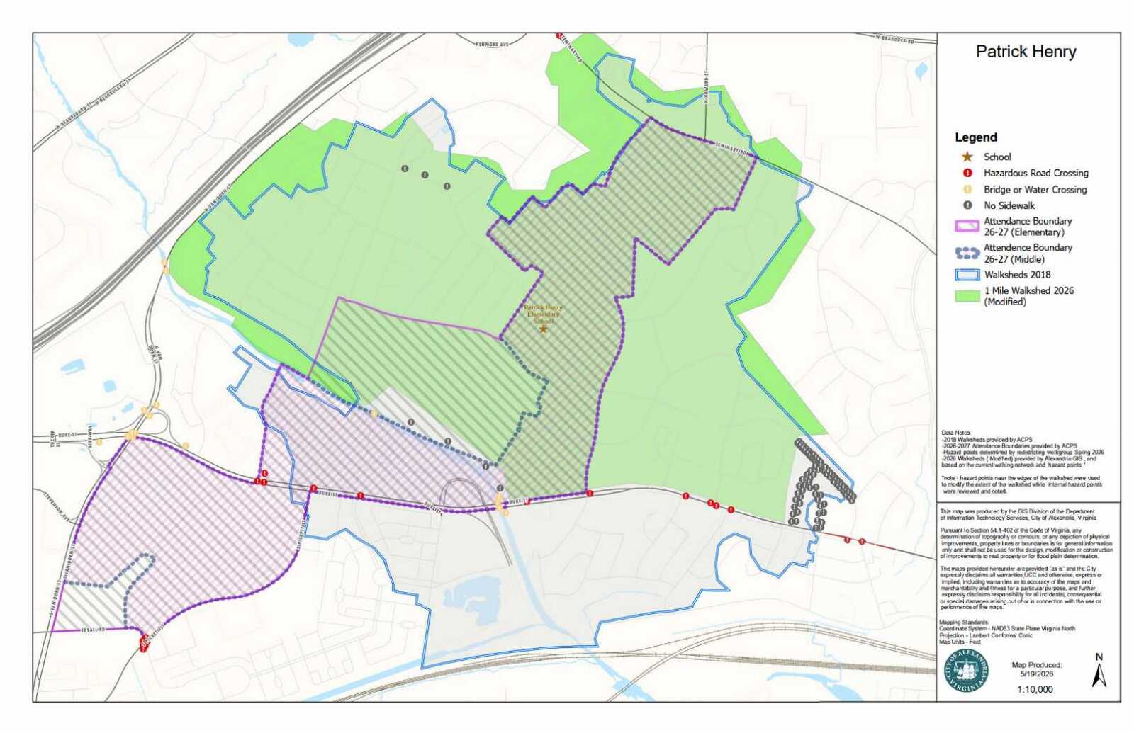 Map of Patrick Henry Elementary area showing attendance boundaries, walk sheds (2018 and 2026 modified), roads, and legend on the right.