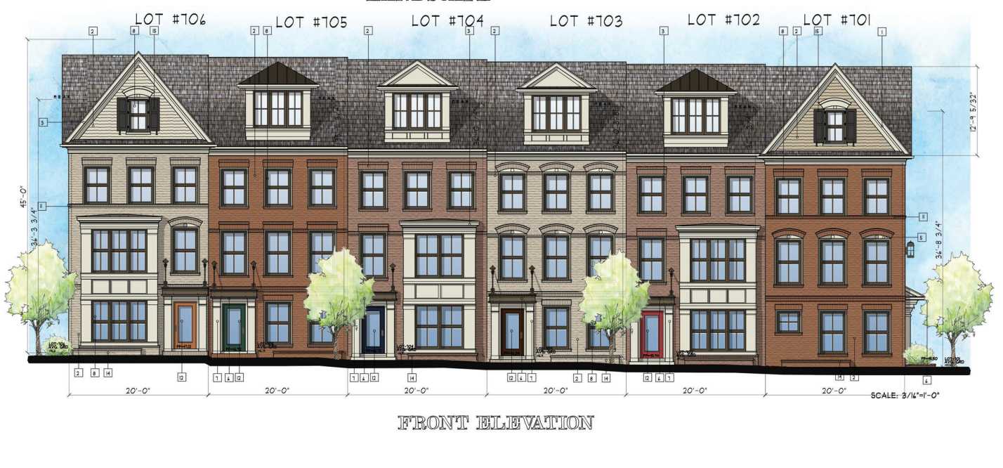 Front elevation of a row of six townhomes with brick facades, dormer windows, and entry doors framed by columns; two trees in front yards add greenery.