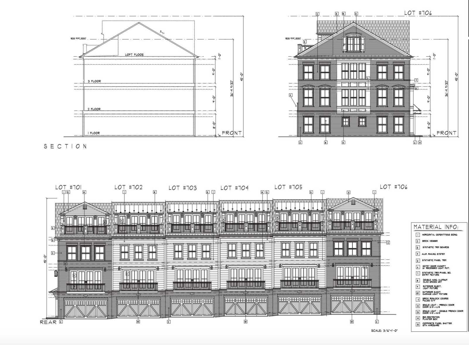 Architectural section and elevations of a multi‑story residential building set on a lot, showing front, rear, and side views with balconies, dormers, and garages below.