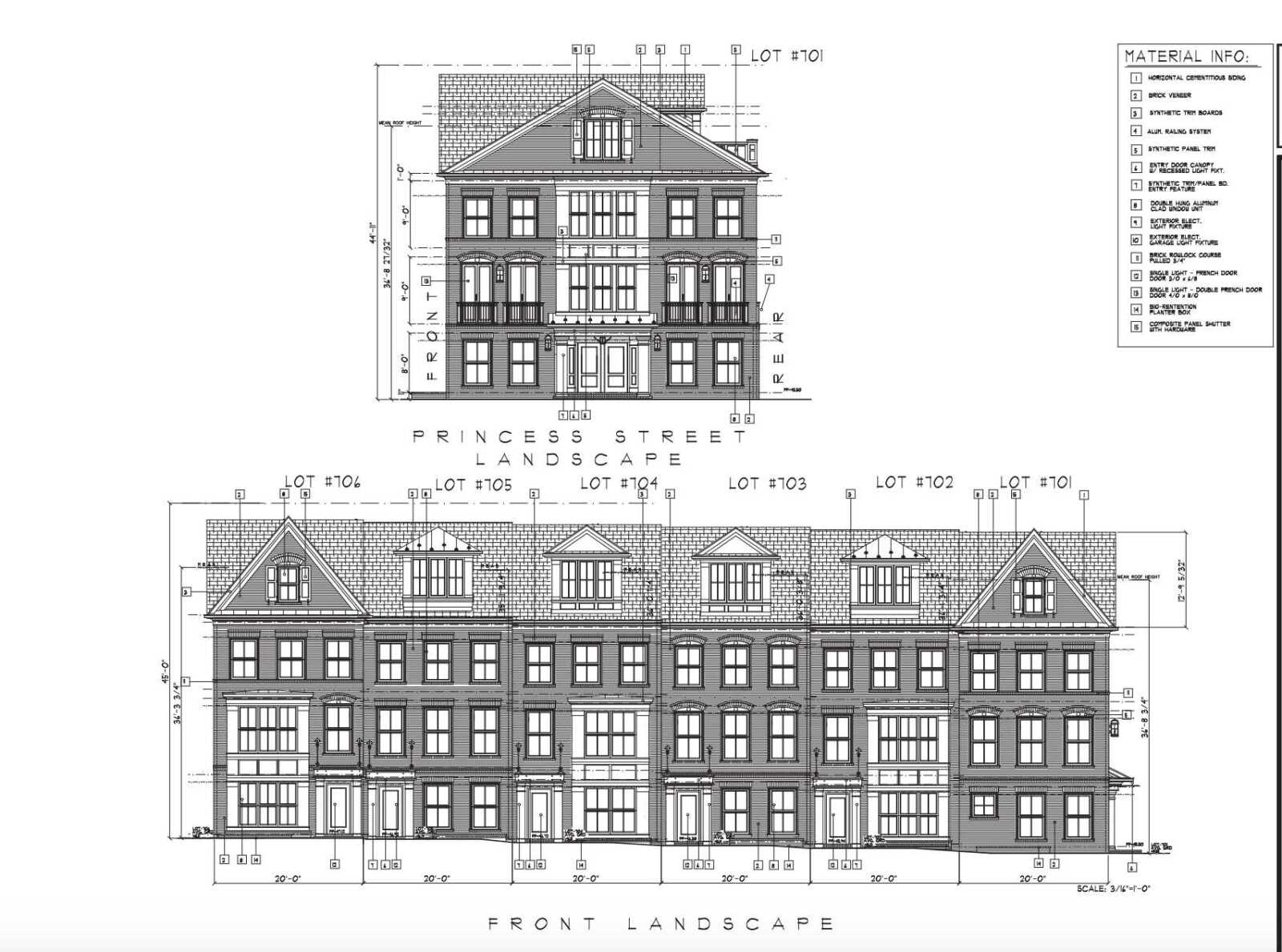 Front elevation blueprint of a brick townhouse row with multiple stories, dormer windows, and decorative detailing, labeled 'Front Landscape' with lot numbers and measurements (architectural drawing).