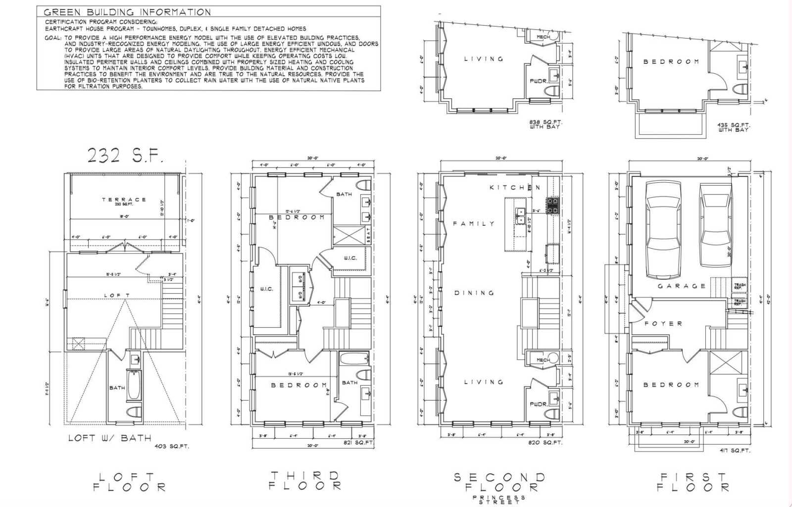 Architectural floor plan sheet showing multiple levels with rooms labeled Living, Dining, Bedroom, Kitchen, Garage, Loft; dimensions noted on each panel.