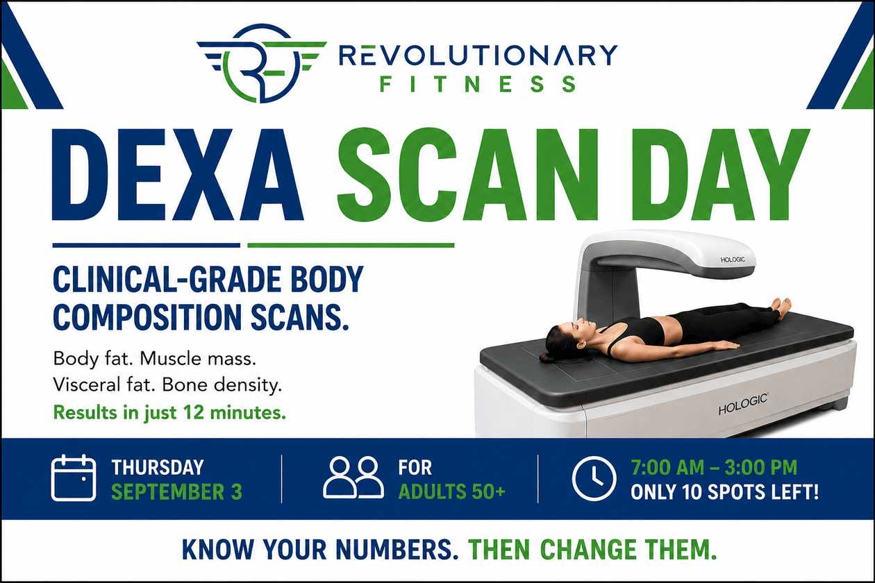 Banner for DEXA Scan Day by Revolutionary Fitness; shows a person lying on a body composition scanner with bold blue and green text says 'DEXA SCAN DAY' and 'Clinical-Grade Body Composition Scans'.
