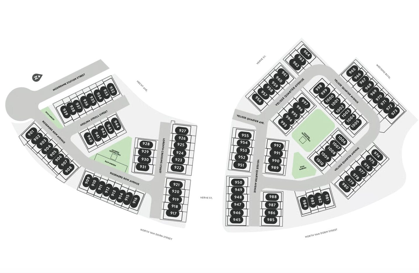 Two side-by-side site maps showing numbered parking lots around a looping road, with surrounding street names and small green areas (informational layout).
