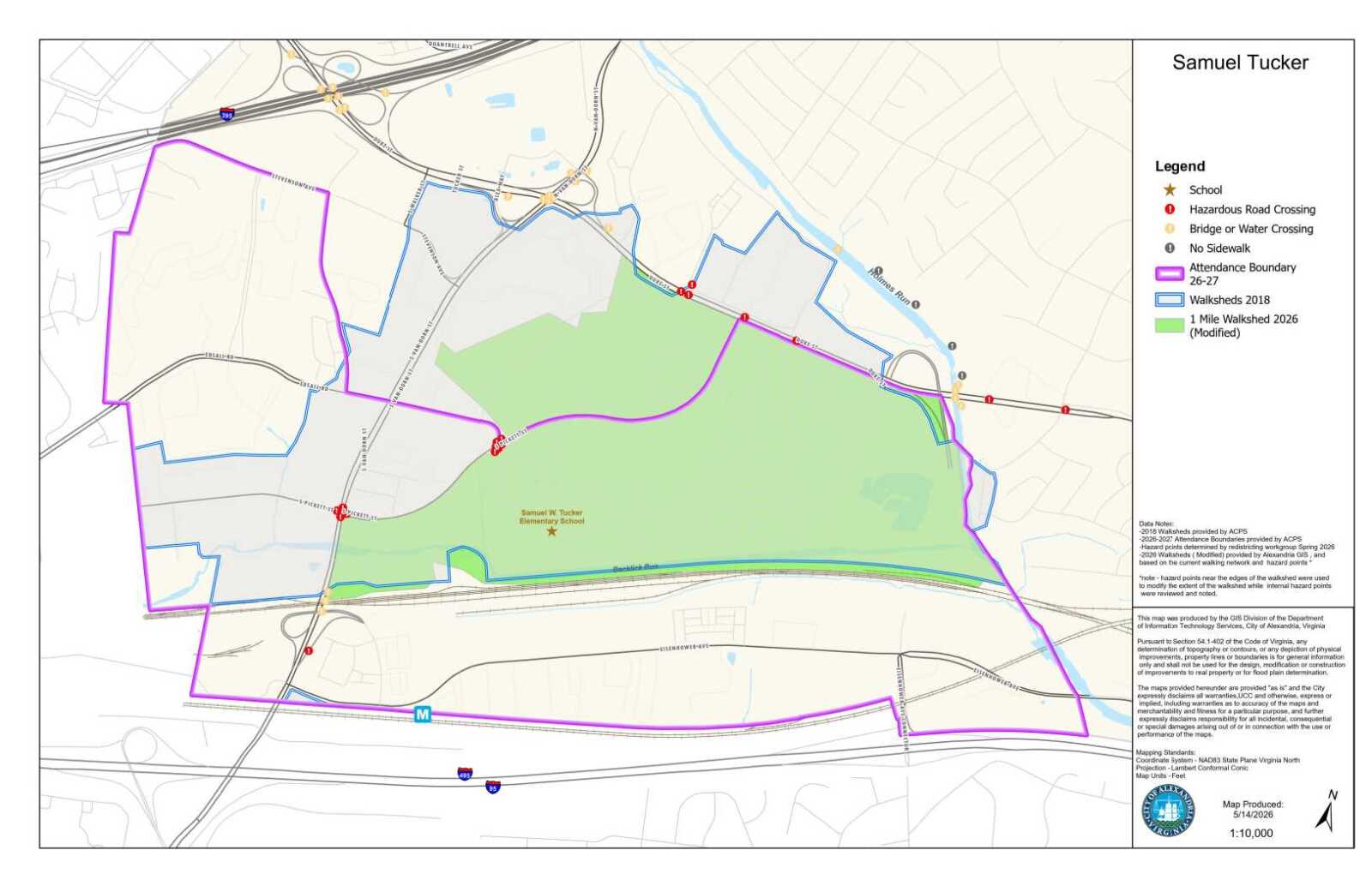Map titled Samuel Tucker showing school location, road crossings, and multiple walkable boundary areas around a large green park; purple, blue, and green boundary lines outline walk routes and modified 1‑mile walk shed areas near a river and highways.