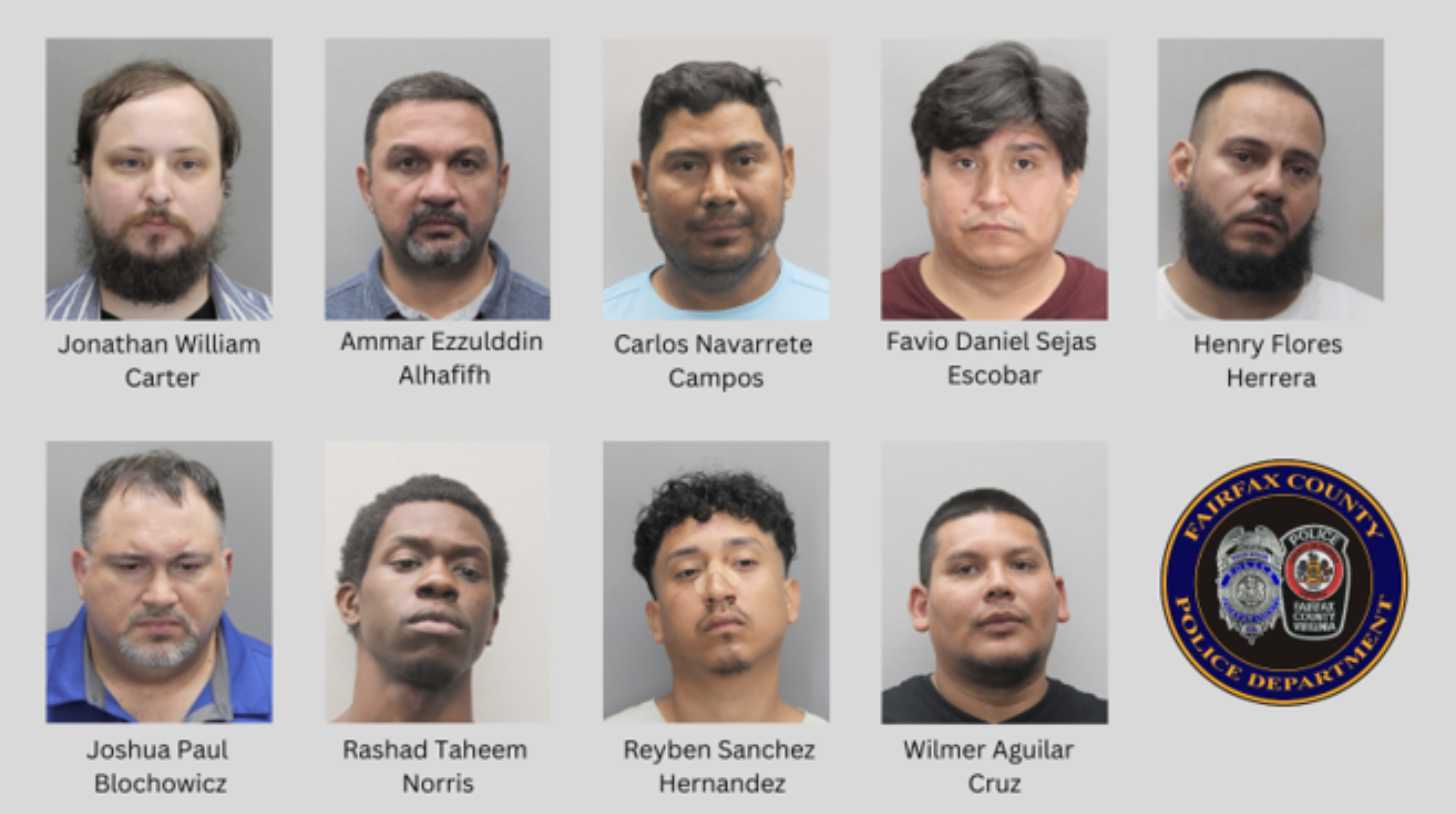 Suspects arrested in July 2026 for allegedly arranging sexual encounters with children in Fairfax County (via FCPD) | ALXnow Mugshot collage of ten men in individual gray-framed portraits, arranged in two rows with a police badge at the far right.