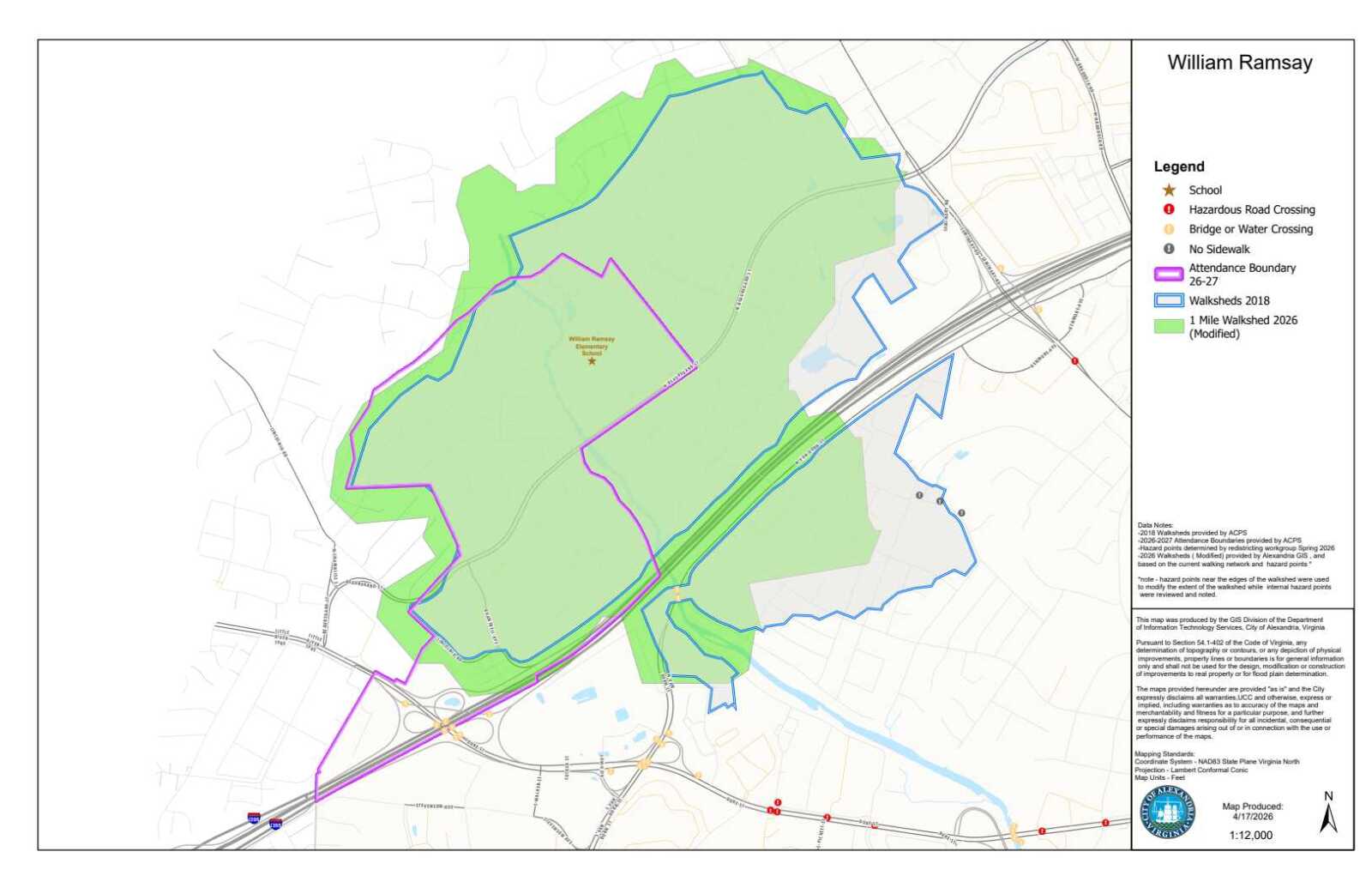 Map titled William Ramsay showing multiple walkshed and boundary outlines (green modified 1-mile walkshed, blue walkshheds 2018, magenta attendance boundary) over a street map surrounding a green park area with a labeled school point.